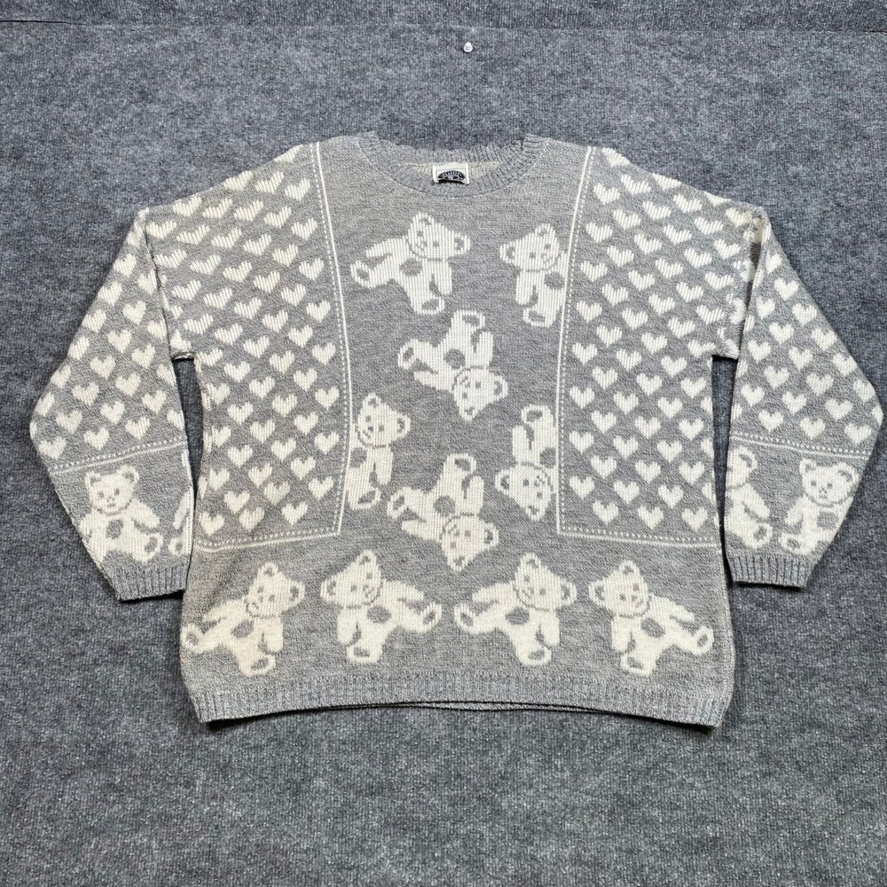 Classic Essentials Vintage Teddy Bear Heart Knit Sweater Grey Mens 22W USA Made